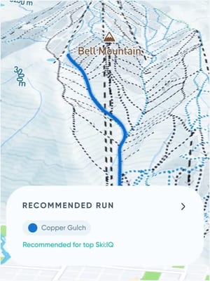 Carv map recommending Copper Gulch on Bell Mountain for a top Ski:IQ