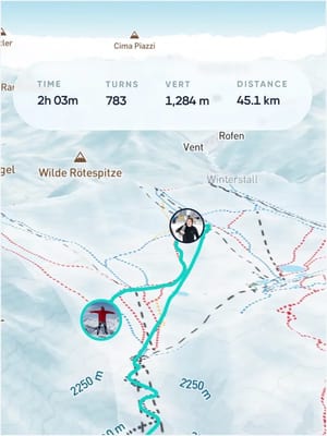 Carv map of a ski day with tracks, friends and stats for time, turns, vertical and distance