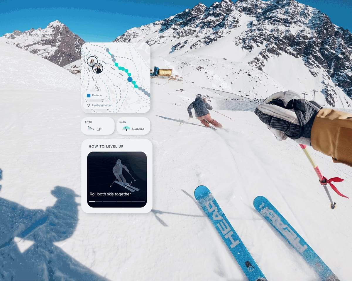 First-person skiing view with Carv run map, pitch, snow conditions and a how to level up tip