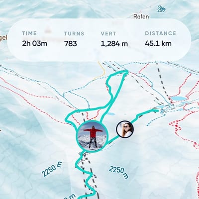 Carv app map of a ski day with run tracks, friends and day stats